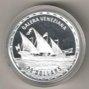 2007 Solomon Islands Silver Proof One Ounce Galera Veneziana Sailing Ship in Full Sail. The coin contains one ounce of 999 fine silver.