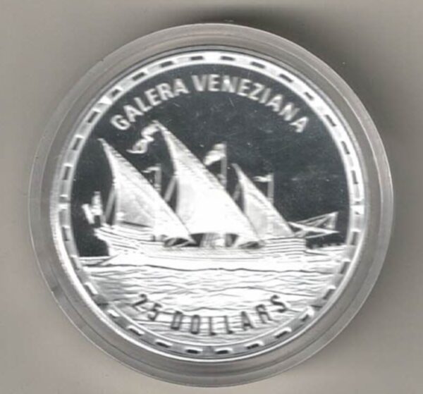 2007 Solomon Islands Silver Proof One Ounce Galera Veneziana Sailing Ship in Full Sail. The coin contains one ounce of 999 fine silver.