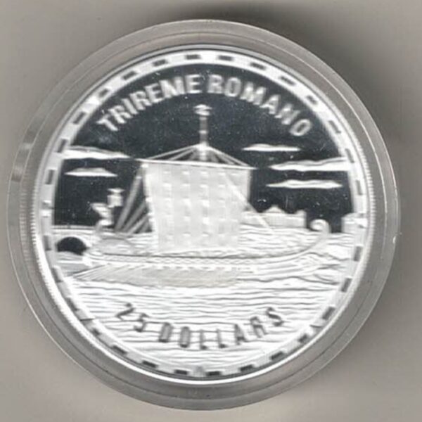 2007 Solomon Islands Silver Proof One Ounce Trireme Romano Sailing Ship in Full Sail. The coin contains one ounce of 999 fine silver.