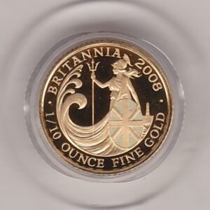 2008 Gold Proof Tenth Ounce Britannia coin featuring Queen Elizabeth II on the Obverse. The standing Britannia holding a trident features on the Reverse.