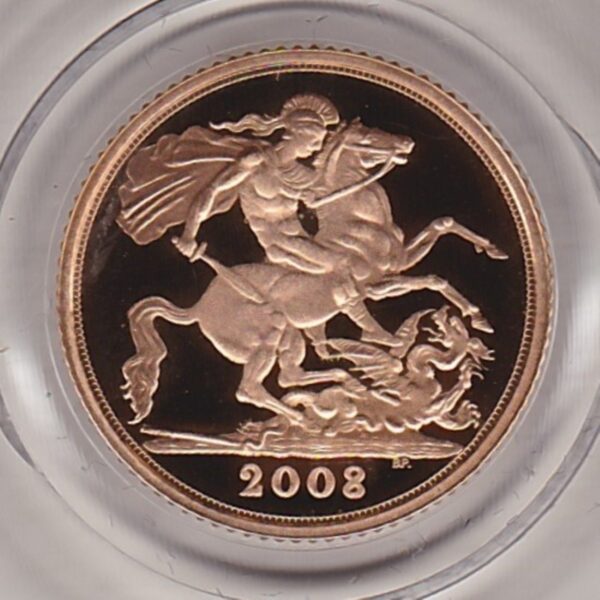 2008 gold proof half sovereign coin in capsule. This coin features Queen Elizabeth II on the obverse and St George and the dragon on the Reverse.