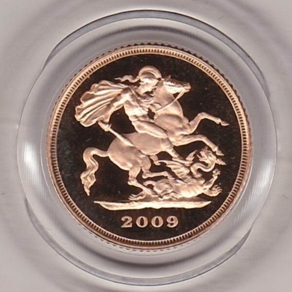 2009 gold proof half sovereign coin in capsule. This coin features Queen Elizabeth II on the obverse and St George and the dragon on the Reverse.