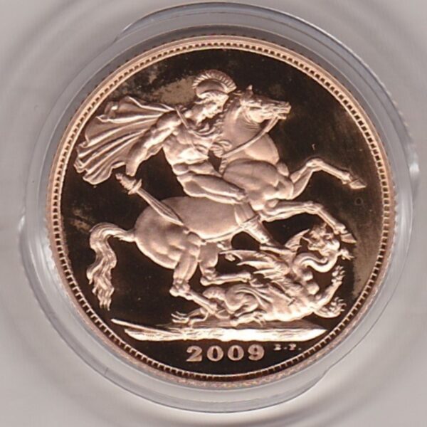 2009 gold proof sovereign coin featuring queen Elizabeth II on the Obverse & St George and the Dragon Reverse. This coin comes as issued by the royal mint.