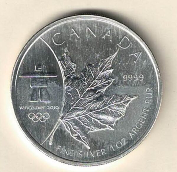 2008 Silver Canada One Ounce Maple. Elizabeth II is on the obverse, The Vancouver logo is on the reverse . The coin contains one ounce of 9999 fine silver.