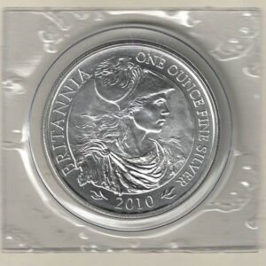 2010 Silver Britannia One Ounce Coin. The coin contains one ounce of fine silver. All of our silver coins have been pre-owned and are in stock.