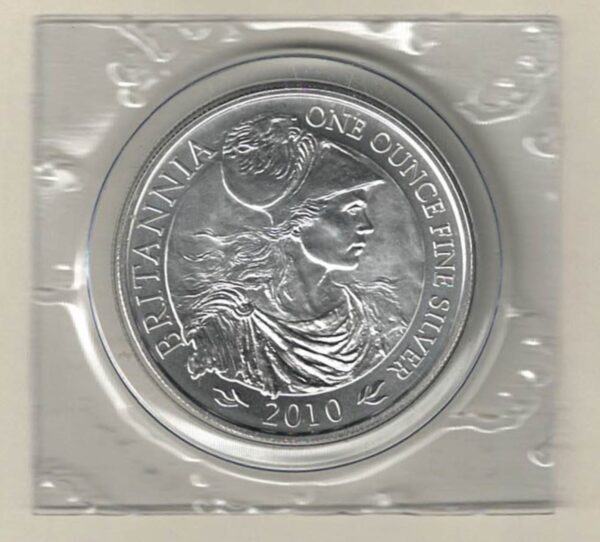 2010 Silver Britannia One Ounce Coin. The coin contains one ounce of fine silver. All of our silver coins have been pre-owned and are in stock.