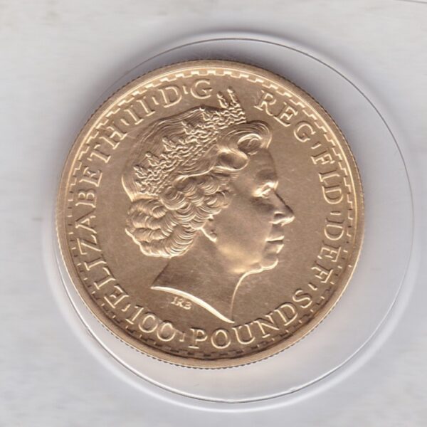 2010 Gold One Ounce Britannia coin. The coin features Queen Elizabeth II on the obverse. The profile Britannia design on the reverse.