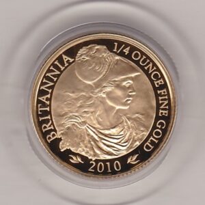 2010 Gold Proof Quarter Ounce Britannia coin featuring Queen Elizabeth II on the Obverse. The profile bust of Britannia on the Reverse.