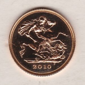 2010 Gold Half Sovereign coin featuring the fourth portrait of Queen Elizabeth II on the Obverse. St George and the dragon on the Reverse.