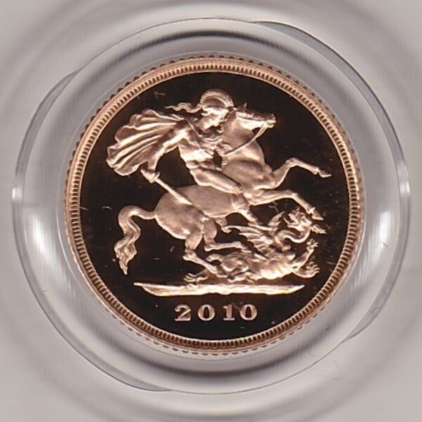 2010 gold proof half sovereign coin in capsule. This coin features Queen Elizabeth II on the obverse and St George and the dragon on the Reverse.