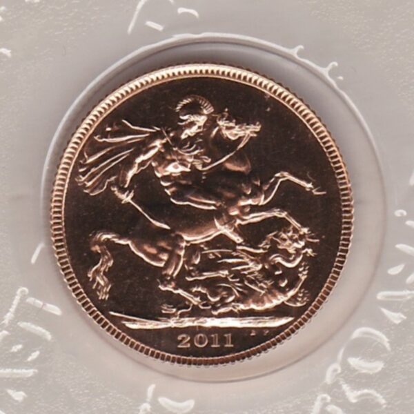 2011 Gold Sovereign Coin. This coin features the fourth portrait of Queen Elizabeth II on the obverse. St George and dragon on the reverse.