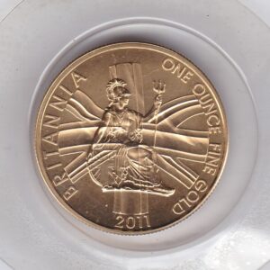 2011 Gold One Ounce Britannia coin. The coin features Queen Elizabeth II on the obverse. The seated Britannia design on the reverse.