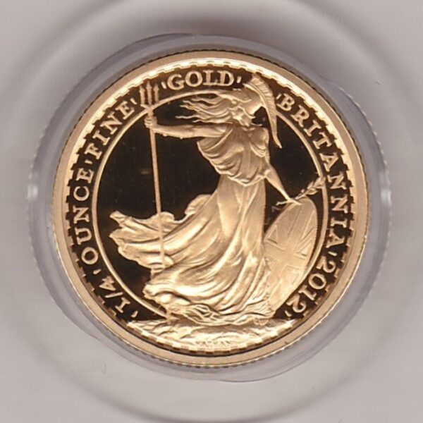 2012 Gold Proof Quarter Ounce Britannia coin featuring Queen Elizabeth II on the Obverse. The standing Britannia on the Reverse.