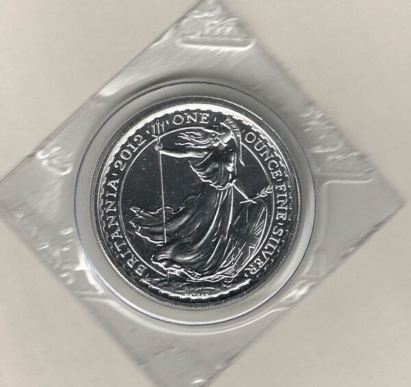 2012 Silver Britannia One Ounce Coin. The coin contains one ounce of fine silver. All of our silver coins have been pre-owned and are in stock.