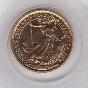 2012 Gold One Ounce Britannia coin. The coin features Queen Elizabeth II on the obverse. The standing Britannia design on the reverse.