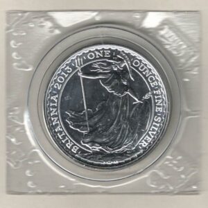 2013 Silver Britannia One Ounce Coin. The portrait of Queen Elizabeth II is on the obverse. The coin contains one ounce of 999 fine silver.