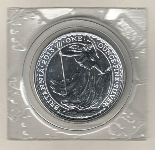 2013 Silver Britannia One Ounce Coin. The portrait of Queen Elizabeth II is on the obverse. The coin contains one ounce of 999 fine silver.