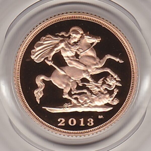 2013 gold proof half sovereign coin in capsule. This coin features Queen Elizabeth II on the obverse and St George and the dragon on the Reverse.