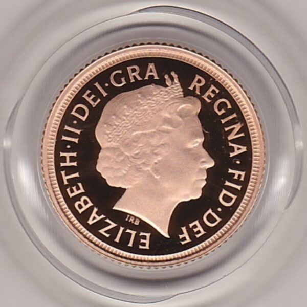 2015 gold proof half sovereign coin in capsule. This coin features Queen Elizabeth II on the obverse and St George and the dragon on the Reverse.