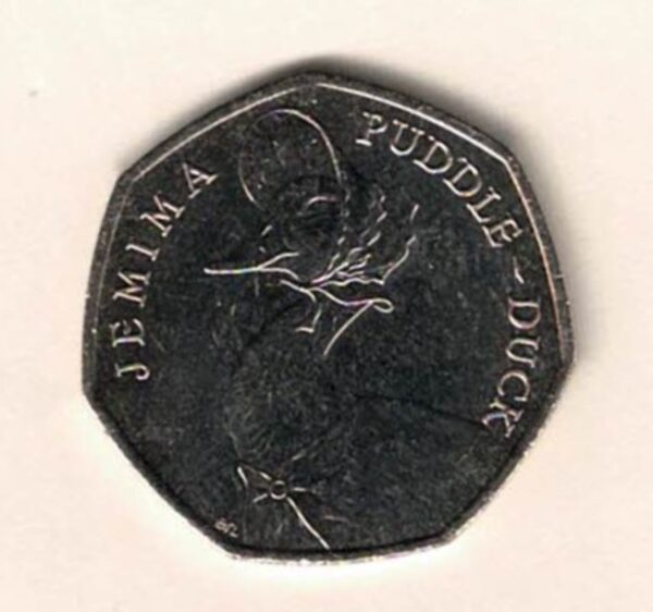 Loose 2016 Fifty Pence Jemima Puddle-Duck cupro nickel coin featuring Queen Elizabeth II on the Obverse. Puddle-Duck is on the Reverse.