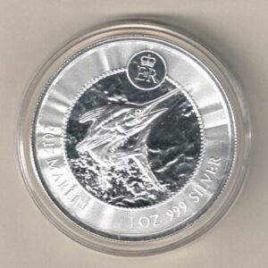 2017 Silver Cayman Islands One Ounce Marlin Fish One Dollar coin. This coin features Elizabeth II. This coin contains one ounce of 999 fine silver.