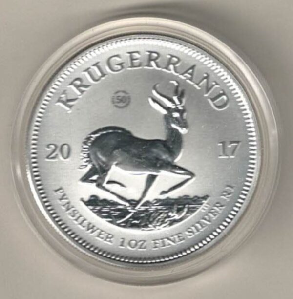 2017 Premium Silver South Africa One Ounce Krugerrand. Paul Kruger is on the obverse. The coin contains one ounce of 999 fine silver