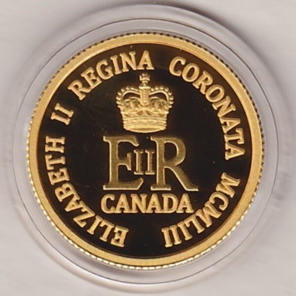 2018 Gold Proof Canada Quarter Ounce coin. This coin features Queen Elizabeth II on the obverse and the Royal Seal of Elizabeth II on the reverse.