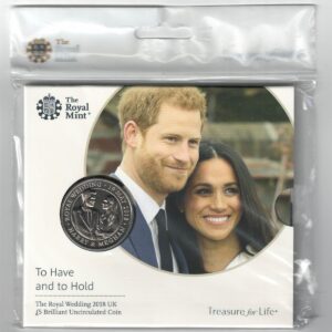 2018 Five Pounds The Royal Wedding. featuring Queen Elizabeth II on the Obverse with Harry & Meghan on the reverse. All five pound coins are in stock.