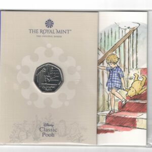 2020 Fifty Pence Classic Pooh Christopher Robin. Cupro nickel coin featuring Queen Elizabeth II on the Obverse. The Reverse features Christopher robin.