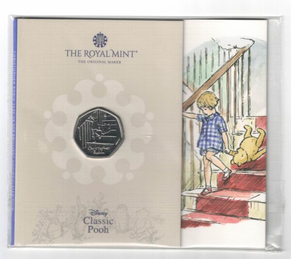 2020 Fifty Pence Classic Pooh Christopher Robin. Cupro nickel coin featuring Queen Elizabeth II on the Obverse. The Reverse features Christopher robin.