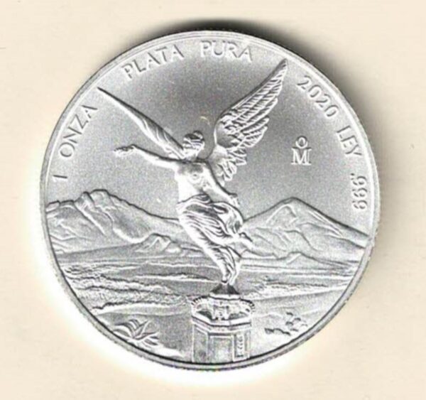 2020 Mexico silver one ounce one Onza Libertad coin. This coin contains one ounce of 999 fine silver. With Mexico coat of arms on the Obverse.