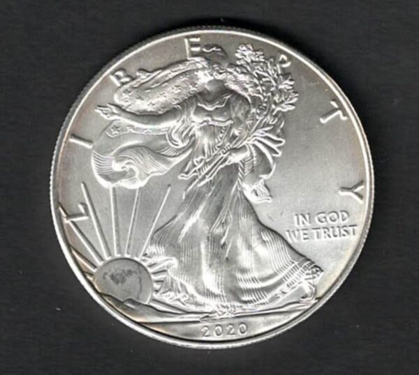 2020 Silver USA One Ounce Eagle. The liberty is on the obverse, The eagle is on the reverse. The coin contains one ounce of 999 fine silver.