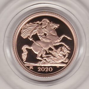 2020 gold proof half sovereign coin in capsule. This coin features Queen Elizabeth II on the obverse and St George and the dragon on the Reverse.