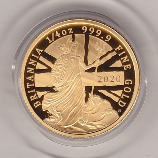 2020 Gold Proof Quarter Ounce Britannia coin featuring Queen Elizabeth II on the Obverse. The Britannia with lion by her side on the Reverse.