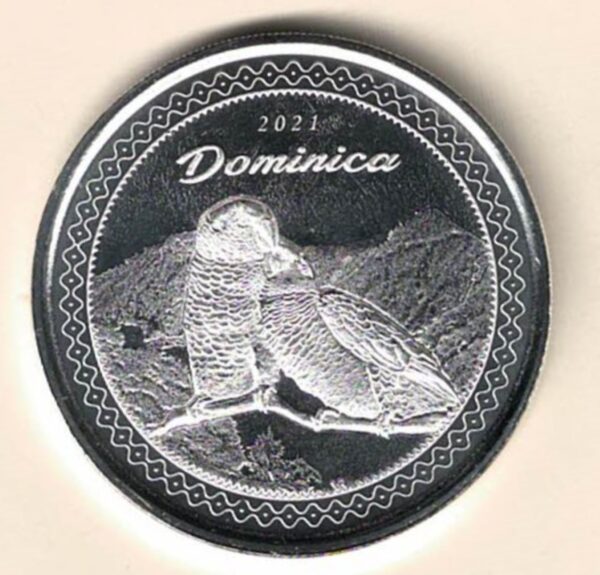 2021 Silver Dominica One Ounce Sisserou Parrots. This coin contains one ounce of 999 fine silver. This coin features Sisserou Parrots.