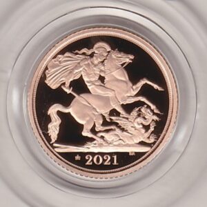 2021 gold proof half sovereign coin in capsule. This coin features Queen Elizabeth II on the obverse and St George and the dragon on the Reverse.