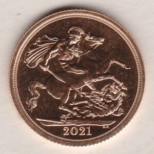 2021 Gold Sovereign Coin. This coin features the fifth portrait of Queen Elizabeth II on the obverse. St George and dragon on the reverse.