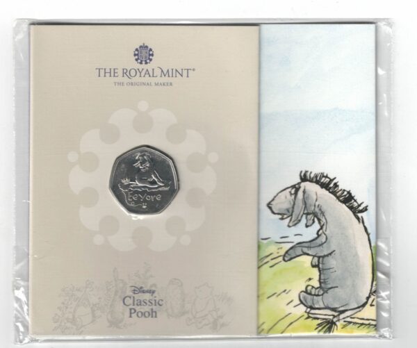 2022 Fifty Pence Classic Pooh Eeyore Cupro nickel coin featuring Queen Elizabeth II on the Obverse. The reverse has a picture of Eeyore.