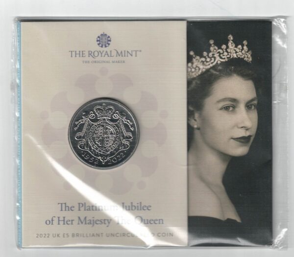 The Queen's Platinum Jubilee. Five Pound Coin. featuring Queen Elizabeth II on the Obverse. All five pound coins are in stock.