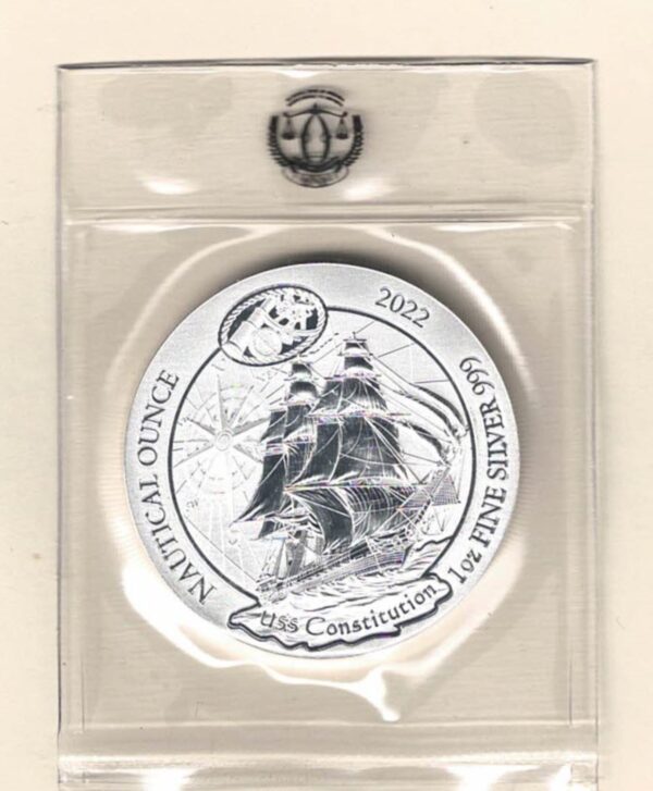 2022 Silver Rwanda One Ounce USS Constitution. This coin does feature the USS Constitution. The coin contains one ounce of 999 fine silver.