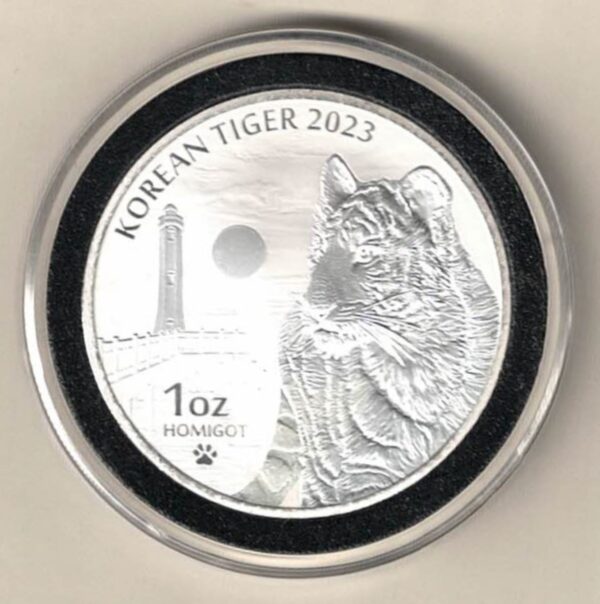 2023 Silver Korean One Ounce Tiger. This coin contains one ounce of 999 fine silver. This coin features a young Korean Tiger.