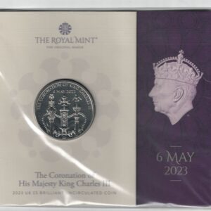 2023 Cupro-Nickle Five Pounds King Charles Coronation Coin. This coin features Charles III On the obverse side of the coin.