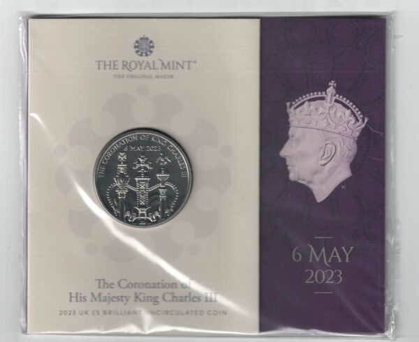 2023 Cupro-Nickle Five Pounds King Charles Coronation Coin. This coin features Charles III On the obverse side of the coin.