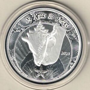 2023 Silver St Kitts & Nevis One Ounce Shell. This coin contains one ounce of .999 fine silver. This coin features a shell.