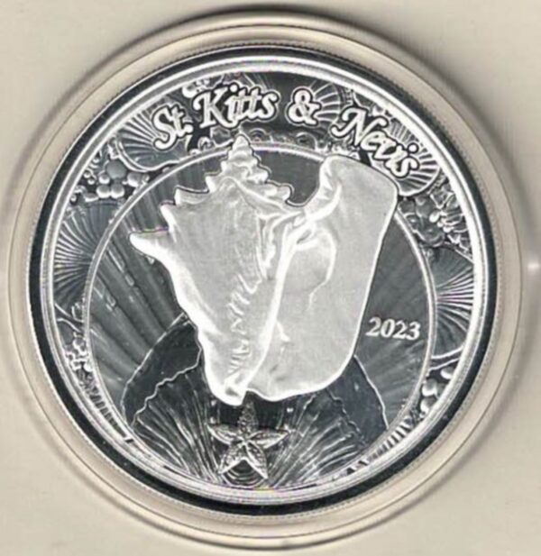 2023 Silver St Kitts & Nevis One Ounce Shell. This coin contains one ounce of .999 fine silver. This coin features a shell.