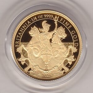 2023 Gold Proof Quarter Ounce Britannia coin featuring King Charles III on the Obverse. The Britannia driving a chariot on the Reverse.