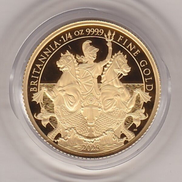 2023 Gold Proof Quarter Ounce Britannia coin featuring King Charles III on the Obverse. The Britannia driving a chariot on the Reverse.