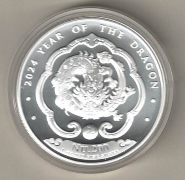 2024 Silver Bhutan One Ounce Year Of The Dragon. This coin contains one ounce of 999 fine silver. With the majestic dragon on the reverse.