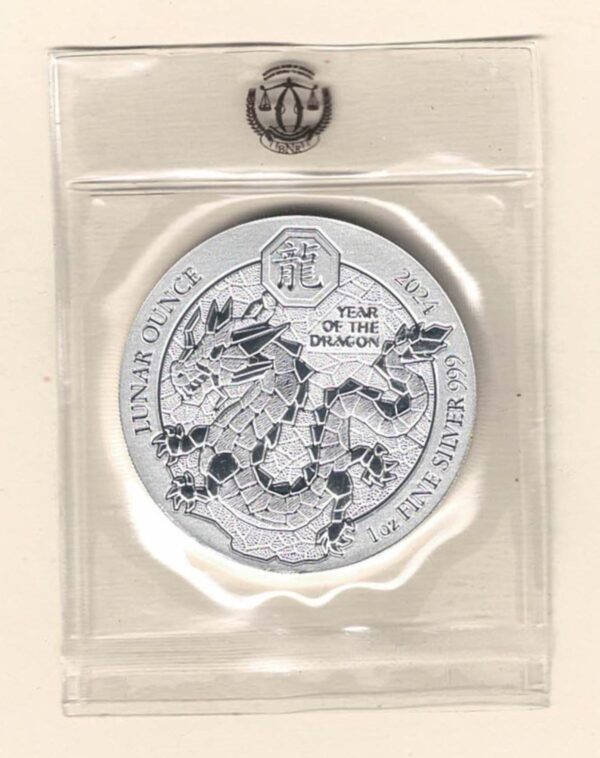 2024 Silver Rwanda One Ounce Lunar Year Of The Dragon. This coin does features a Dragon. The coin contains one ounce of 999 fine silver.