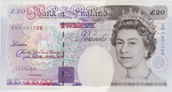 B374 Kentfield Twenty Pounds Banknote. Queen Elizabeth II is on the obverse. The reverse features Michael Faraday. This is a first run issue.